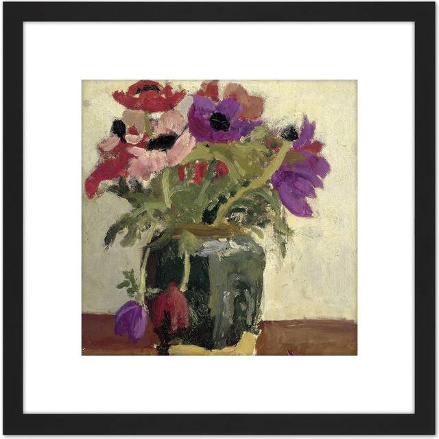Breitner Ginger Pot With Anemones Painting 8X8 Inch Square Wooden Framed Wall Art Print Picture with Mount - Black - One Size
