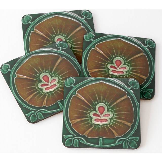 Leather Coasters Vintage Art Nouveau Floral Tile in green, brown and red. Set of 4 / 4 x 4 inch