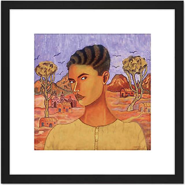 Angel Abraham Self Portrait Naive Style Painting 8X8 Inch Square Wooden Framed Wall Art Print Picture with Mount - Black - One Size