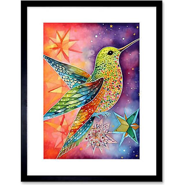 Wall Art Print Hummingbird In Vibrant Astral Field Folk Art Watercolour Painting Artwork Framed 9X7 Inch - Black - W7 inch x H9 inch