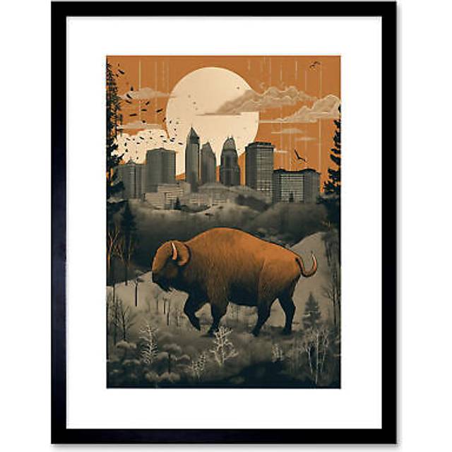 Wall Art Print Bison in Forest by Urban Cityscape Modern Landscape Artwork Framed 9X7 Inch - Black - W7 inch x H9 inch