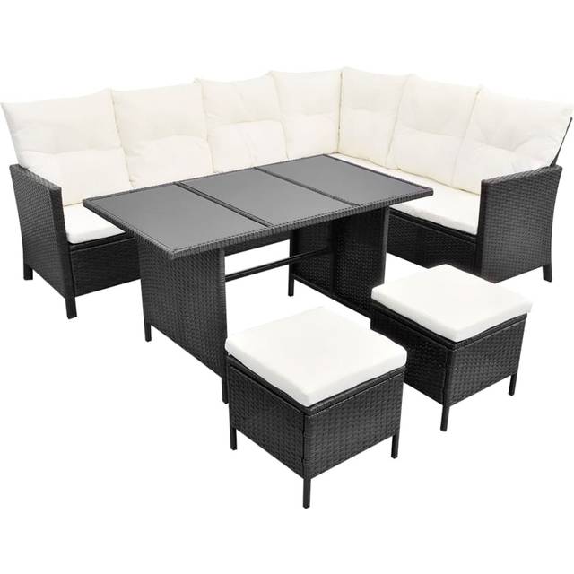 SHEIN 4-Piece Rattan Garden Furniture Set Patio Conservatory, Black Rattan With White Cushions, Coffee Table