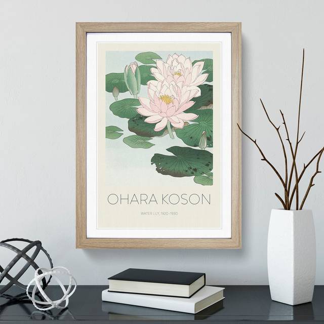 Pink Water Lilies Print by Ohara Koson - Picture Frame Painting - Oak Framed (36cm H x 27cm W x 2cm D)