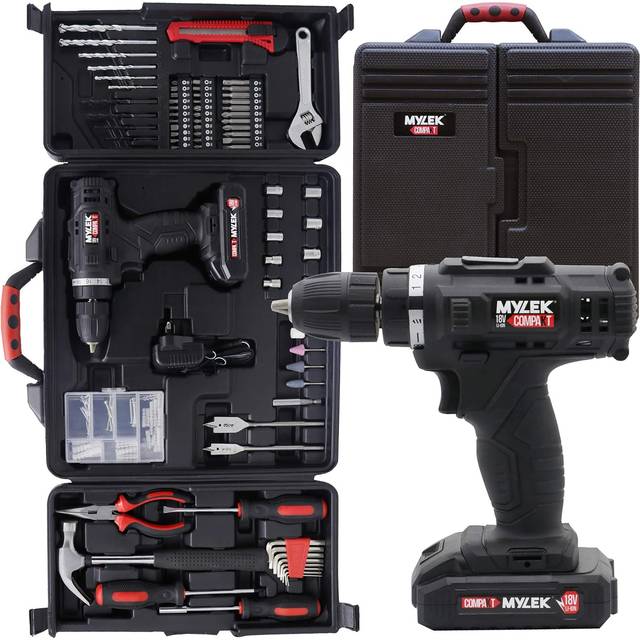 MYLEK 18V Lithium-Ion Drill Drive Including Battery and 130 Accessories - Black