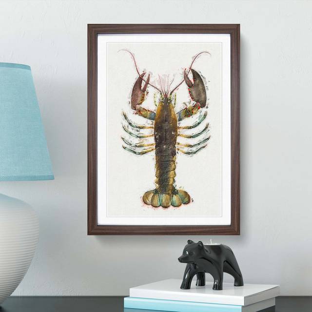 Lobster by J.E. De Kay - Picture Frame Painting Print - Walnut Framed (36cm H x 27cm W x 2cm D)