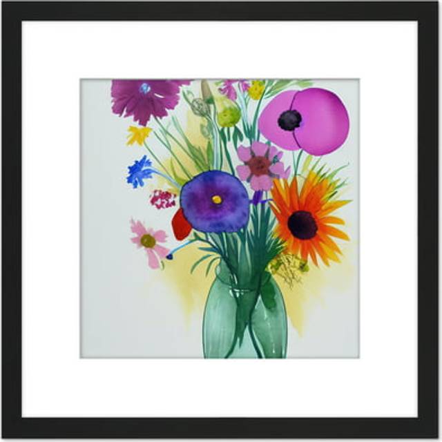 Flower Summer Blooms Bouquet in Green Glass Vase Watercolour Painting Square Wooden Framed Wall Art Print Picture 8X8 Inch - Black - One Size