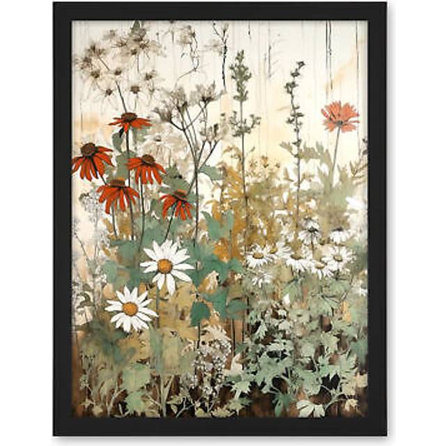 Wall Art Print Wildflowers Vintage Watercolour Painting Red White Daisy Flowers Spring Field Large Framed Wall Décor Art - Black - W18 inch x H24 inch