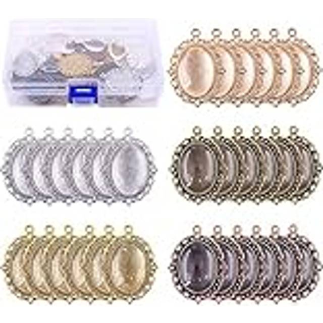 60 Pcs Pendant Trays Kit, Including 30 Pieces 5 Colors Pendant Trays Oval Bezels with 30 Pieces Glass Dome Tiles for Crafting DIY Jewelry Making,