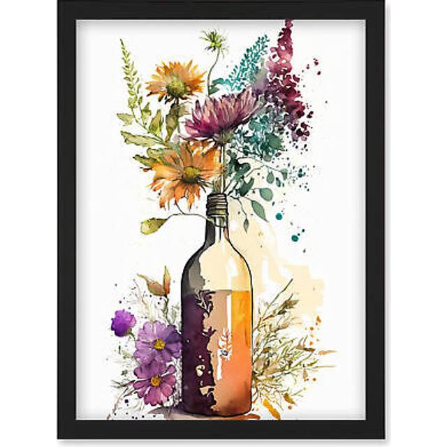 Spring Wildflower Bouquet in a Glass Wine Bottle Artwork Framed Wall Art Print A4 - Black - One Size