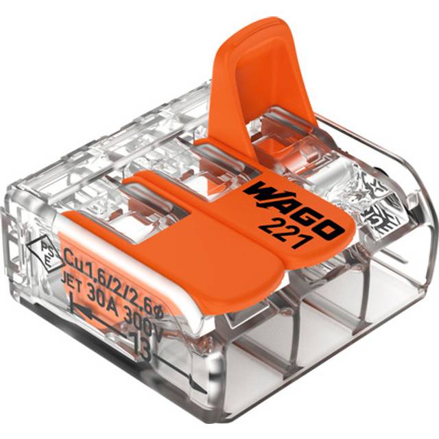 Wago 221-613 3-WAY Lever Cable Connector - 6mm² - Pack of 8 - Transparent With Orange Levers