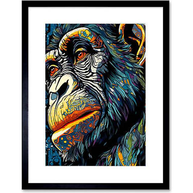 Wall Art Print Chimpanzee Acrylic Painting Vibrant Blue Orange Green Pattern Portrait Modern Pop Artwork Framed 9X7 Inch - Black - W7 inch x H9 inch