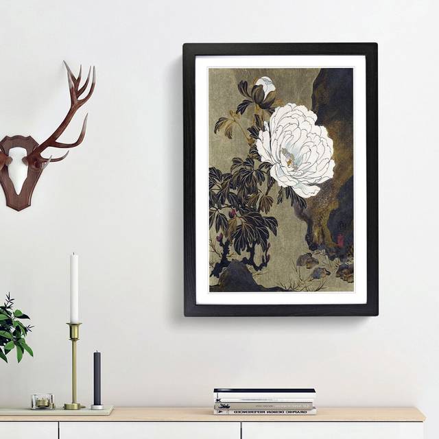 A Peony Flower by Shibata Zeshin - Picture Frame Painting Print on Paper - Black  Bordered Framed (45cm H x 33cm W x 2cm D)