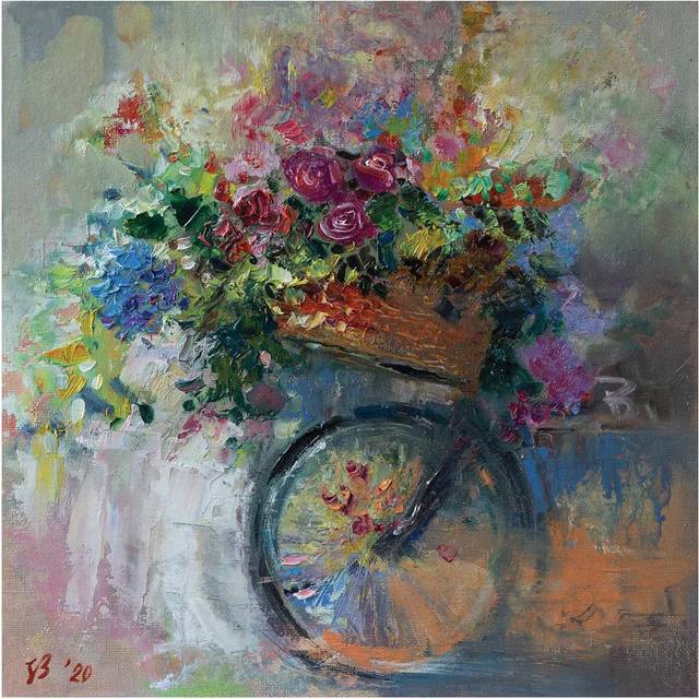 Bicycle Basket with Flowers by Katharina Valeeva - Wrapped Canvas Painting (45.72cm H x 45.72cm W x 1.905cm D)