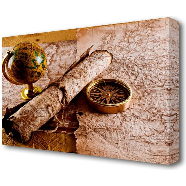 Old Maps and Compass with Globe - Wrapped Canvas Photograph Print on Canvas (66 cm H x 101.6 cm W)