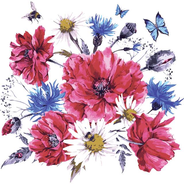 Tescott Vintage Watercolour Bouquet Of Wildflowers, Poppies Daisies Cornflowers - Wrapped Canvas Graphic Art (30cm H x 30cm W x 3.8cm D)