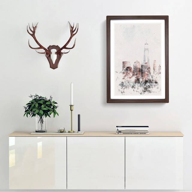 Downtown New York City Skyline Watercolour - Picture Frame Graphic Art - Walnut Framed (45cm H x 33cm W x 2cm D)