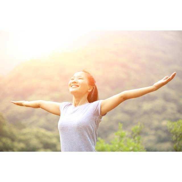Cheering Hiking Woman Open Arms at Mountain Peak - Wrapped Canvas Photograph (81.28cm H x 121.92cm W)