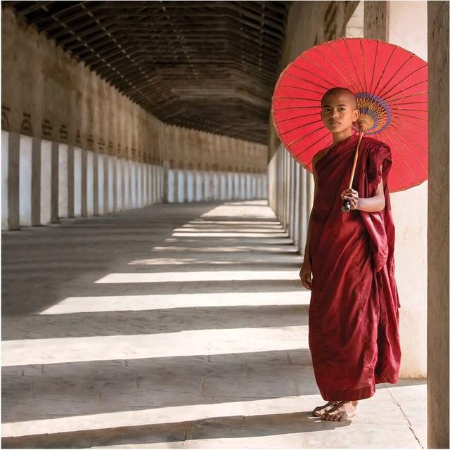 Buddhist Monk With Red Umbrella, Bagan, Myanmar (30.48cm H x 30.48cm W x 1.91cm D)
