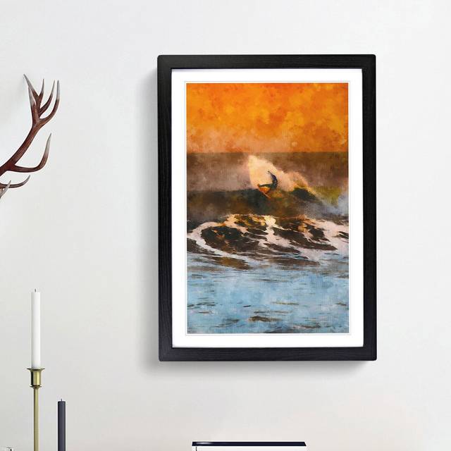Surfing as the Sun Sets - Picture Frame Painting Print - Black Framed (33cm H x 24cm W x 2cm D)