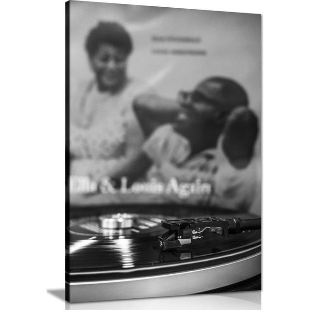 Panther Print Fine Art Prints Black & White Vintage Record Player & Music Album Artistic Framed Canvas Print, Pictures For Home Walls, Bedroom, Living (46cm H x 31cm W)