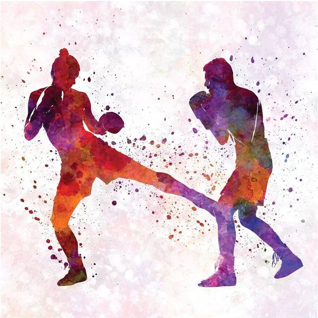 Woman Boxer Boxing Man Kickboxing Silhouette Isolated II by Paul Rommer - Wrapped Canvas Painting (45.72 cm H x 45.72 cm W)