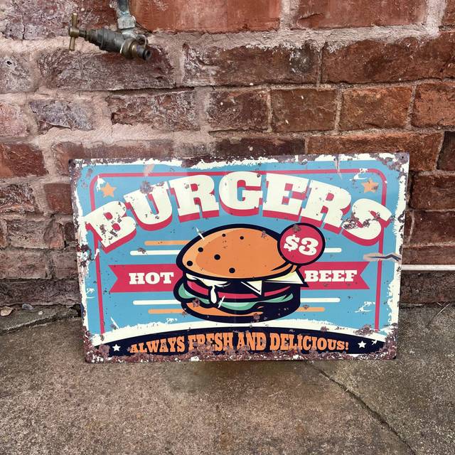 Burger Take Away Food - Metal Retro Wall Sign (20cm H x 25cm W)