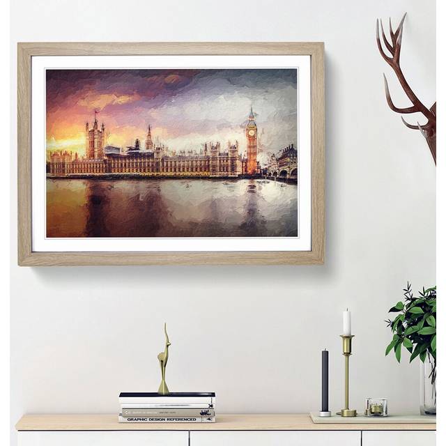 Big Ben and Houses of Parliament in Abstract - Picture Frame Painting Print on Paper - Oak Framed (33cm H x 45cm W x 2cm D)