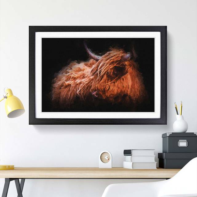 Highland Cow in the Shadows - Picture Frame Painting Print - Black Framed (36cm H x 48cm W x 2cm D)