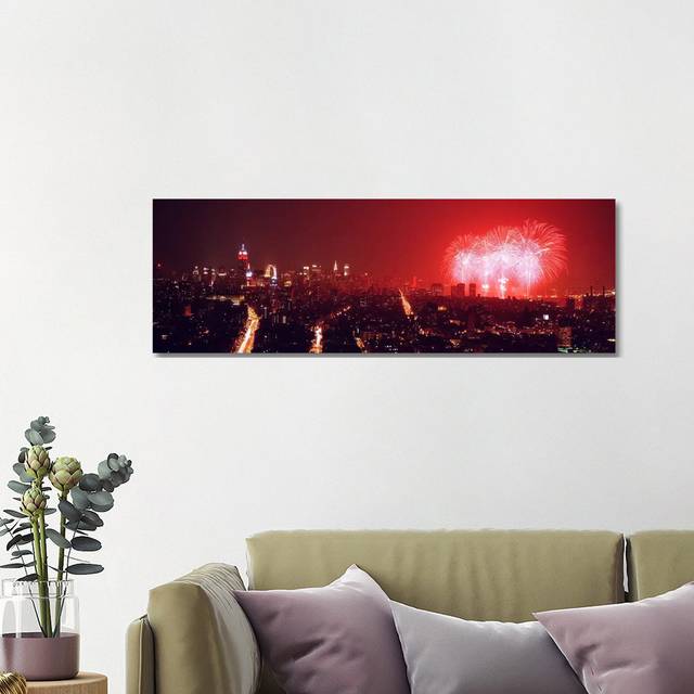 Fireworks Display at Night over a City, New York City, New York State, USA - Wrapped Canvas Panoramic Photograph (121.92 cm H x 40.64 cm W x 1.91 cm D)