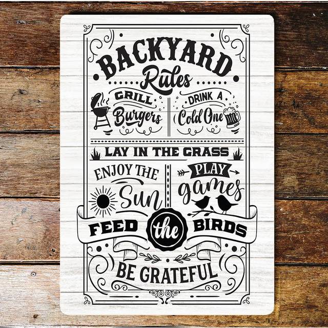 Backyard Rules - Metal Vintage Wall Sign (80cm H x 60cm W)