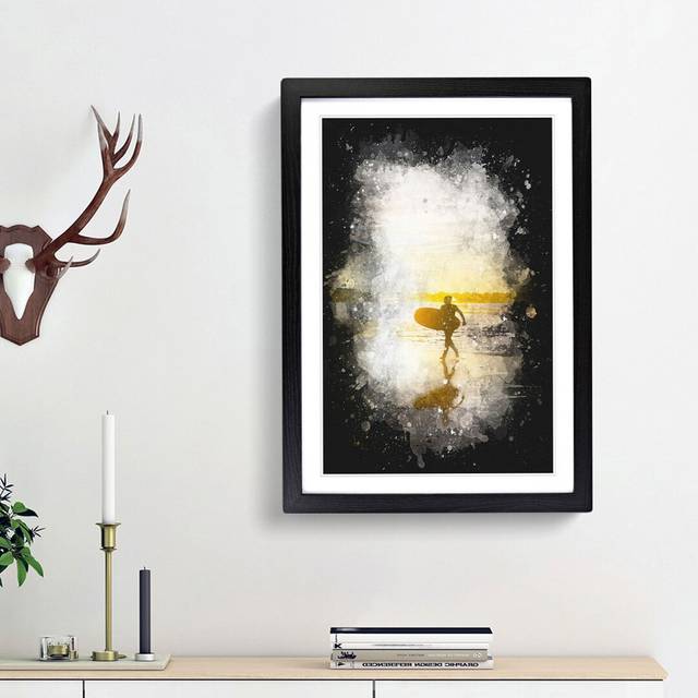 Surfer on a Spanish Beach - Picture Frame Painting Print - Black Framed (33cm H x 24cm W x 2cm D)