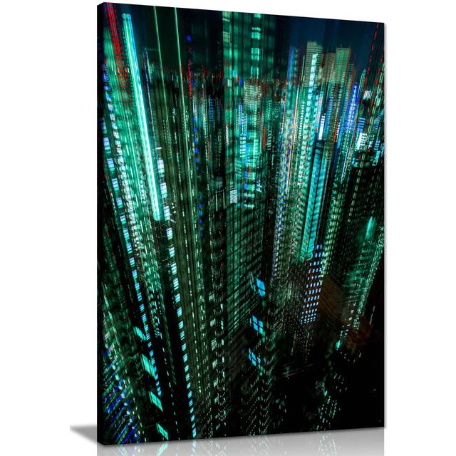 Panther Print Fine Art Prints Tokyo Green Lights Building Skycrapper Artistic Framed Canvas Print, Pictures For Home Walls, Bedroom, Living Room & Bat (31cm H x 20cm W)