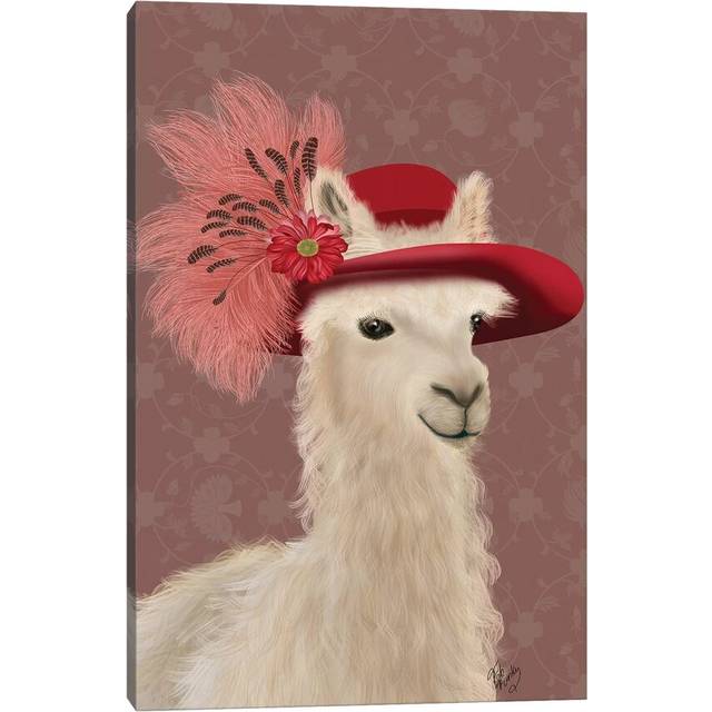 Llama Red Feather Hat by Fab Funky - Wrapped Canvas Art Prints (45.72cm H x 30.48cm W x 1.9cm D)