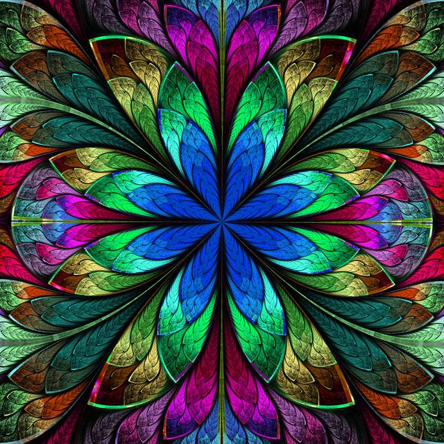 Symmetrical Fractal Flower in Stained-Glass Window - Wrapped Canvas Graphic Art (30cm H x 46cm W x 3.8cm D)