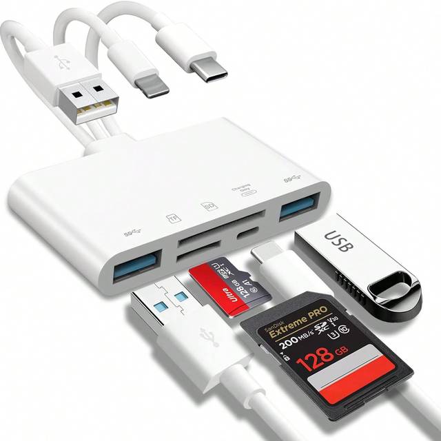 5 i 1 multifunktionell kortläsare, USB OTG-adapter och SD-kortläsare lämplig för telefon/IPad, USB C och USB A-enheter, med micro SD- och SD-kortplats - Vitt (Multi-size)