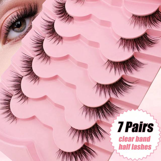 SHEIN 7 Pairs Half Lashes Natural Look With Clear Band Wispy Fluffy Cat Eye Look Natural Short Accent Lashes End Lashes Corner Eyelashes 3/4 Lashes Reusable
