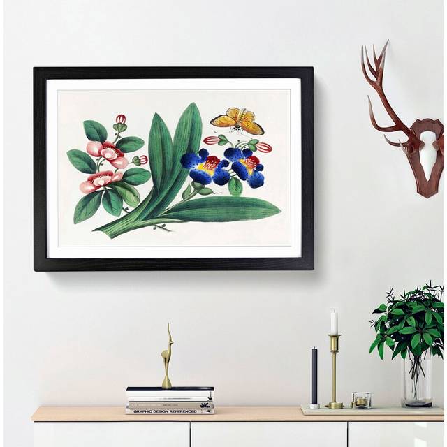 'A Butterfly & Flowers' - Picture Frame Painting Print on Paper - Black Framed (24cm H x 33cm W x 2cm D)