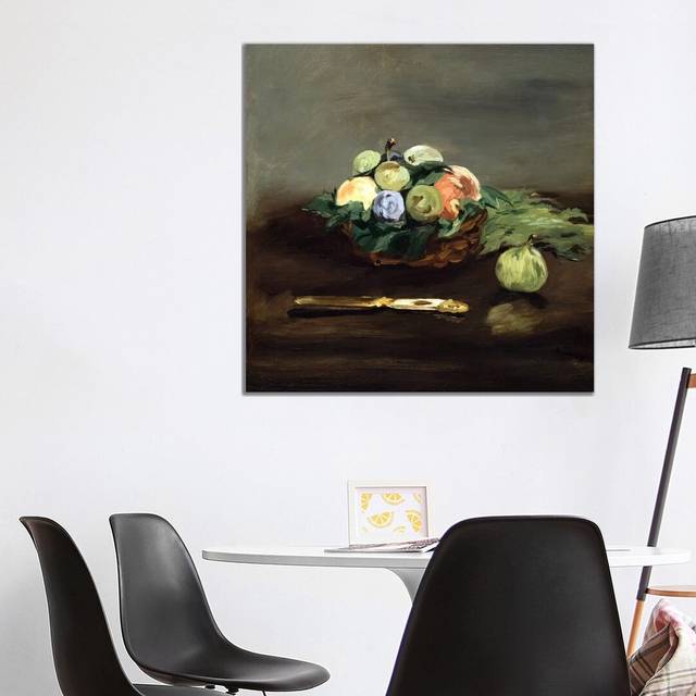 'Basket of Fruit' by Edouard Manet Painting on Wrapped Canvas - Brown Framed (93.98 cm H x 93.98 cm W)