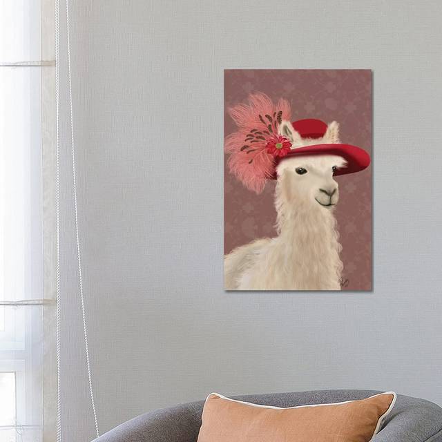 Llama Red Feather Hat by Fab Funky - Wrapped Canvas Art Prints (66.04 cm H x 45.72 cm W x 3.175 cm D)