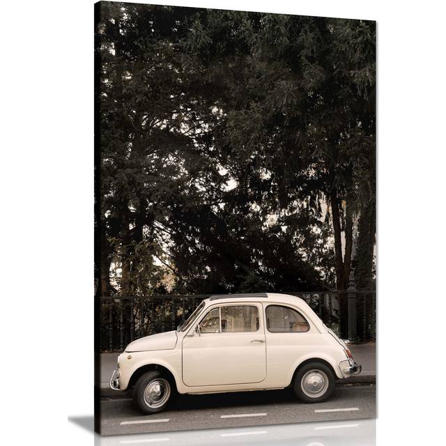 Panther Print Fine Art Prints White Vintage Little Car In Street Of Paris Artistic Framed Canvas Print, Pictures For Home Walls, Bedroom, Living Room (61cm H x 41cm W)