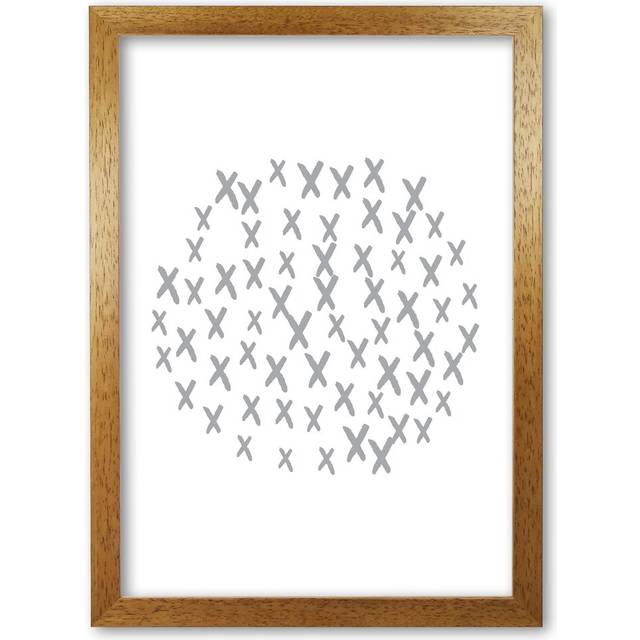 Grey Crosses Circle Abstract - Picture Frame Graphic Art print on Paper - Honey Oak Frame (30 cm H x 21 cm W x 5 cm D)