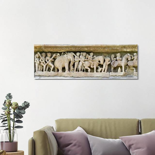 Sculptures Detail of a Temple, Khajuraho, Chhatarpur District, Madhya Pradesh, India by Panoramic Images - Wrapped Canvas Panoramic Photograph (40.64cm H x 121.92cm W x 1.91cm D)