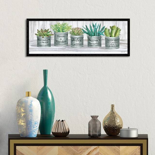 Galvanized Pot Succulents II by Cindy Jacobs - Panoramic Painting on Canvas - Black Floater Frame (30.48 cm H x 91.44 cm W)