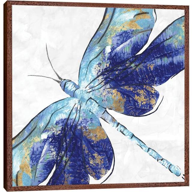 Blue Dragonfly by Eva Watts - Graphic Art Print on Canvas - Brown Framed (93.98 cm H x 93.98 cm W)