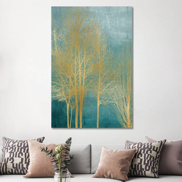 Gold Trees on Aqua Panel I by Kate Bennett - Wrapped Canvas Painting (152.5 cm H x 101.5 cm W)