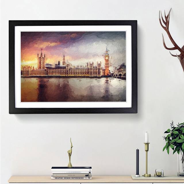 Big Ben and Houses of Parliament in Abstract - Picture Frame Painting Print on Paper - Black Framed (33cm H x 45cm W x 2cm D)