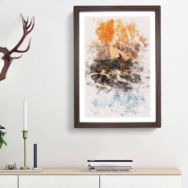 Surfing as the Sun Sets - Picture Frame Painting Print - Walnut Framed (63cm H x 45cm W x 2cm D)