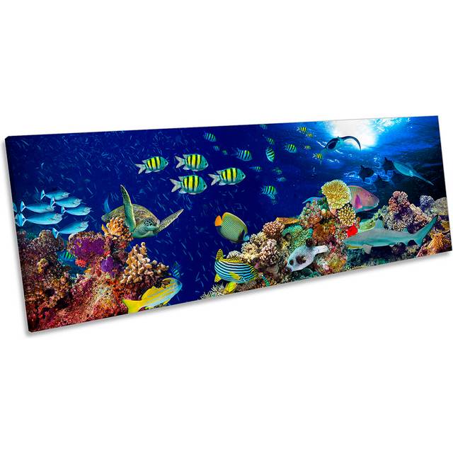 Tropical Fish Marine Coral Framed PANORAMA CANVAS PRINT Wall Art (40.64cm H x 121.92cm W)