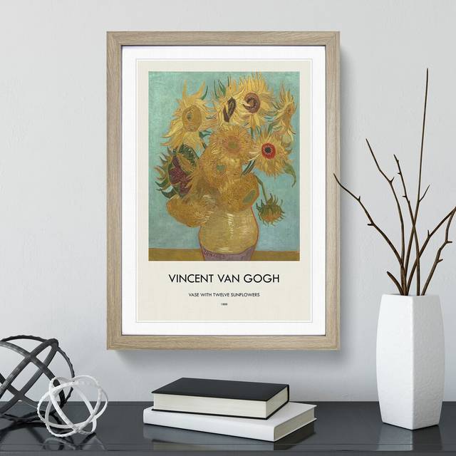 Vase With Twelve Sunflowers by Vincent Van Gogh - Picture Frame Art Prints - Oak (48cm H x 36cm W x 2cm D)