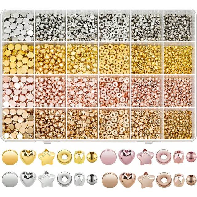 SHEIN 1 Box (2160pcs) Ccb Gold Spacer Bead Kit, Including Various Round, Star And Gold Beads For Bracelet And Jewelry Making (Gold, Silver, Rose Gold, Kc Go